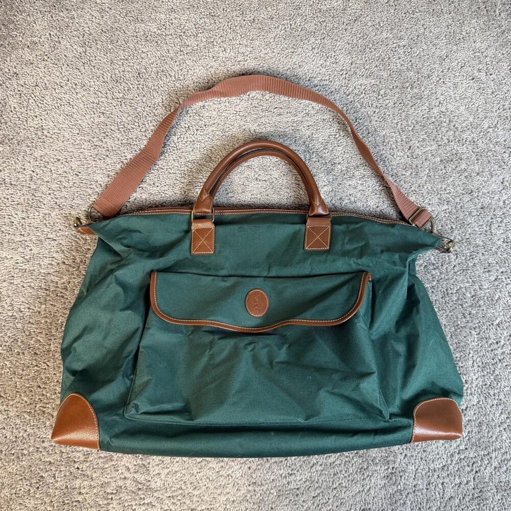 Ralph Lauren Duffle Bag Green 21" Canvas Brown Leather Handles Shoulder Strap